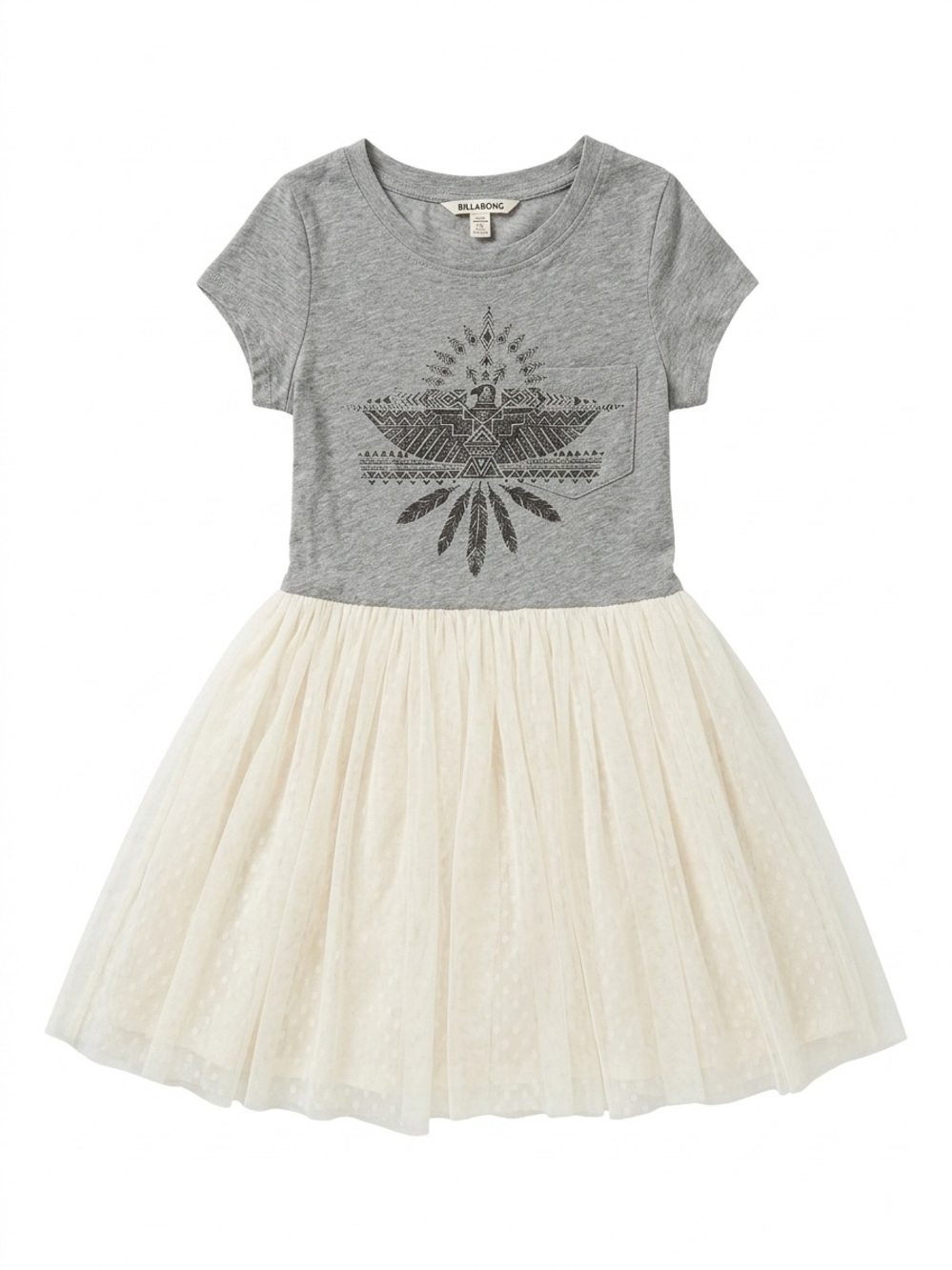 Billabong Girls Grey Thunderbird Graphic T-Shirt Dress Off-White Tulle Skirt L